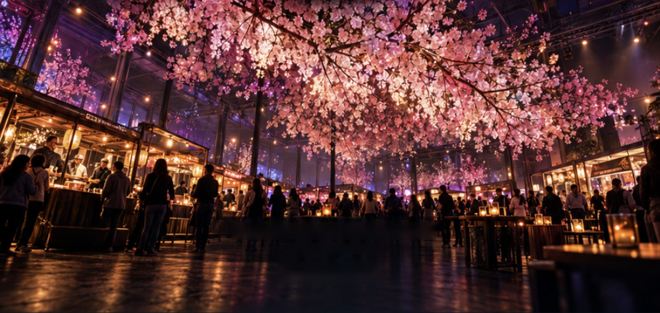 Verlichte bloesembomen op het Cherry Blossom festival