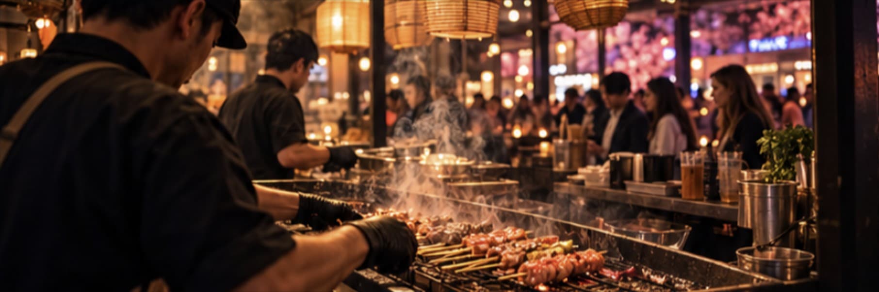 Koks grillen spiesjes bij een foodstand