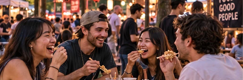 Vrienden eten samen op het festival