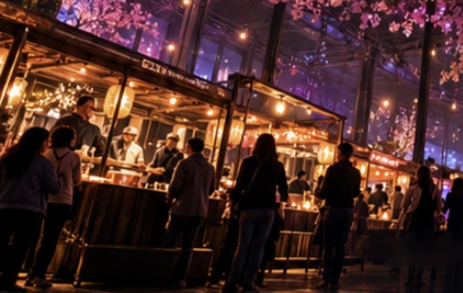 Foodstands onder de bloesembomen